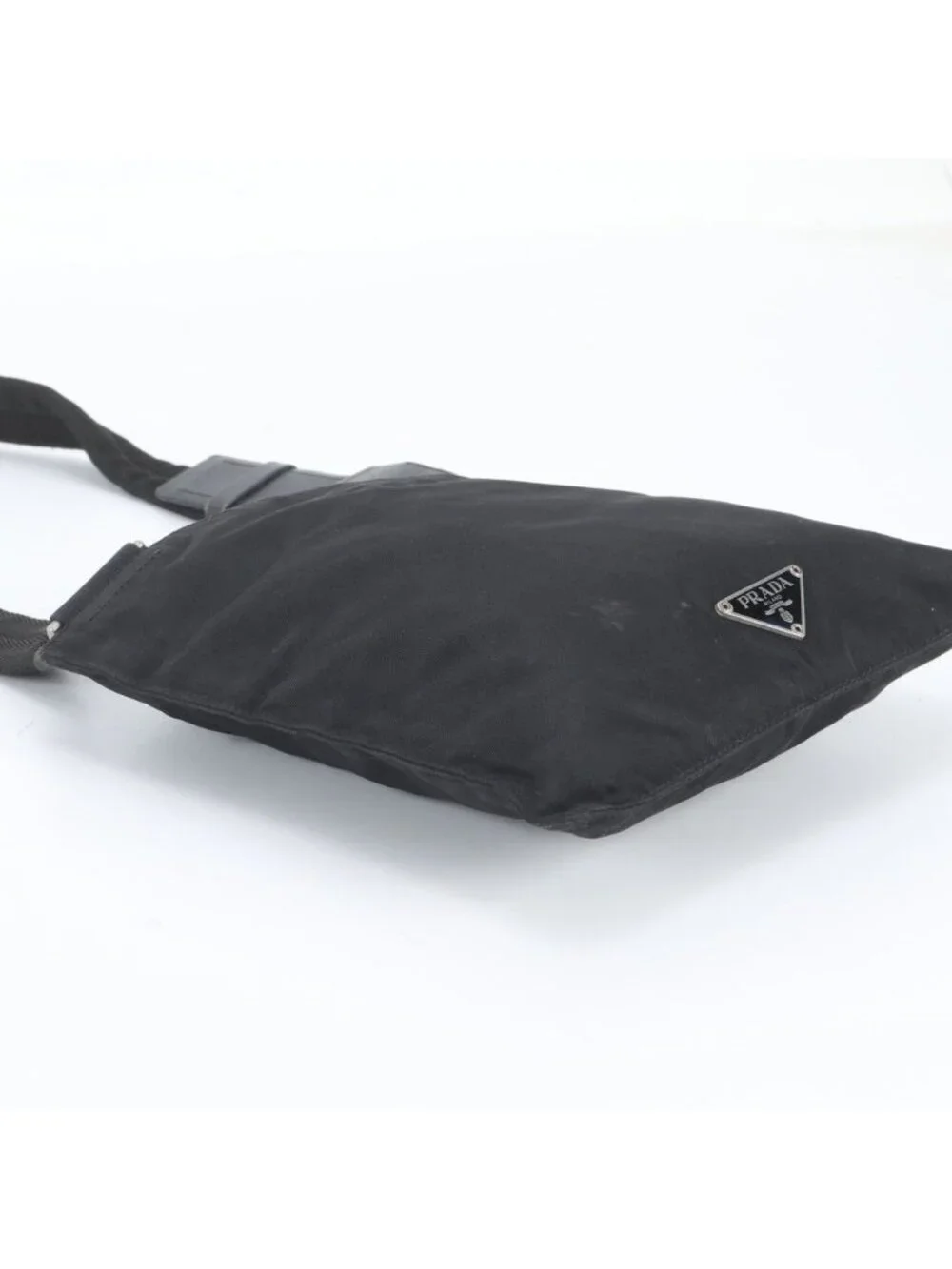 Prada Tessuto Nylon Triangle Logo Leather Shoulder Bag Crossbody Messenger Black